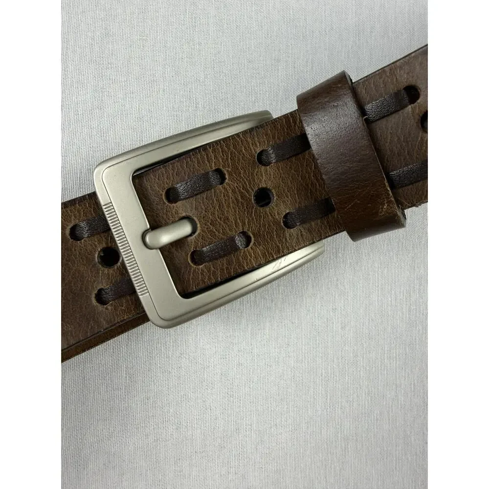 Mens Brown Genuine Leather Belt Perforated Adjustable Casual Work Medium